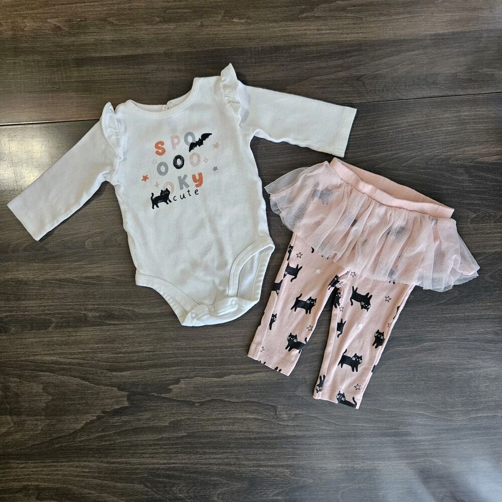 Carter's 6M Girls 2-Piece Outfit – White Bodysuit & Pink Cat Tulle Pants